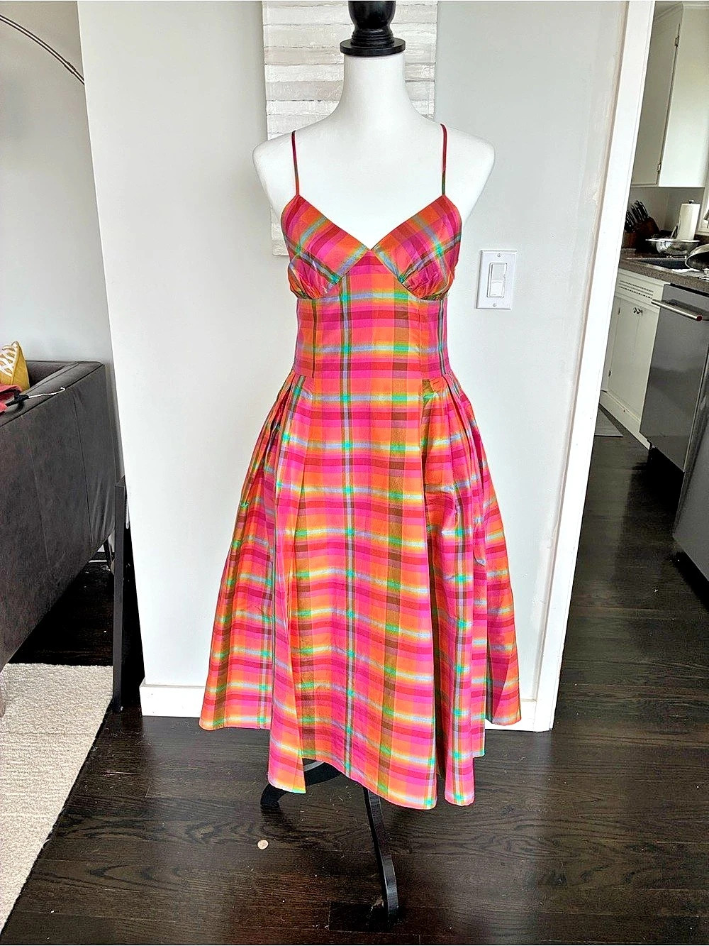 Isaac Mizrahi for Target Silk Plaid Midi Dress in Pink & Orange multi color- New